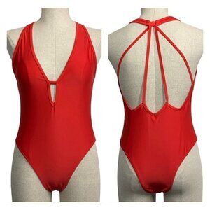 Low Cut High Leg Open Back One Piece Swimsuit - Siren Red Size Medium